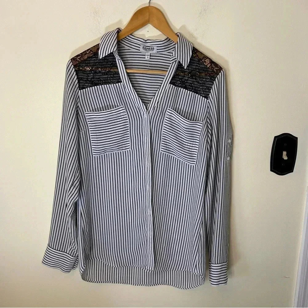 Express Black and White Stripe and Lace Portofino Button Down Shirt Size M